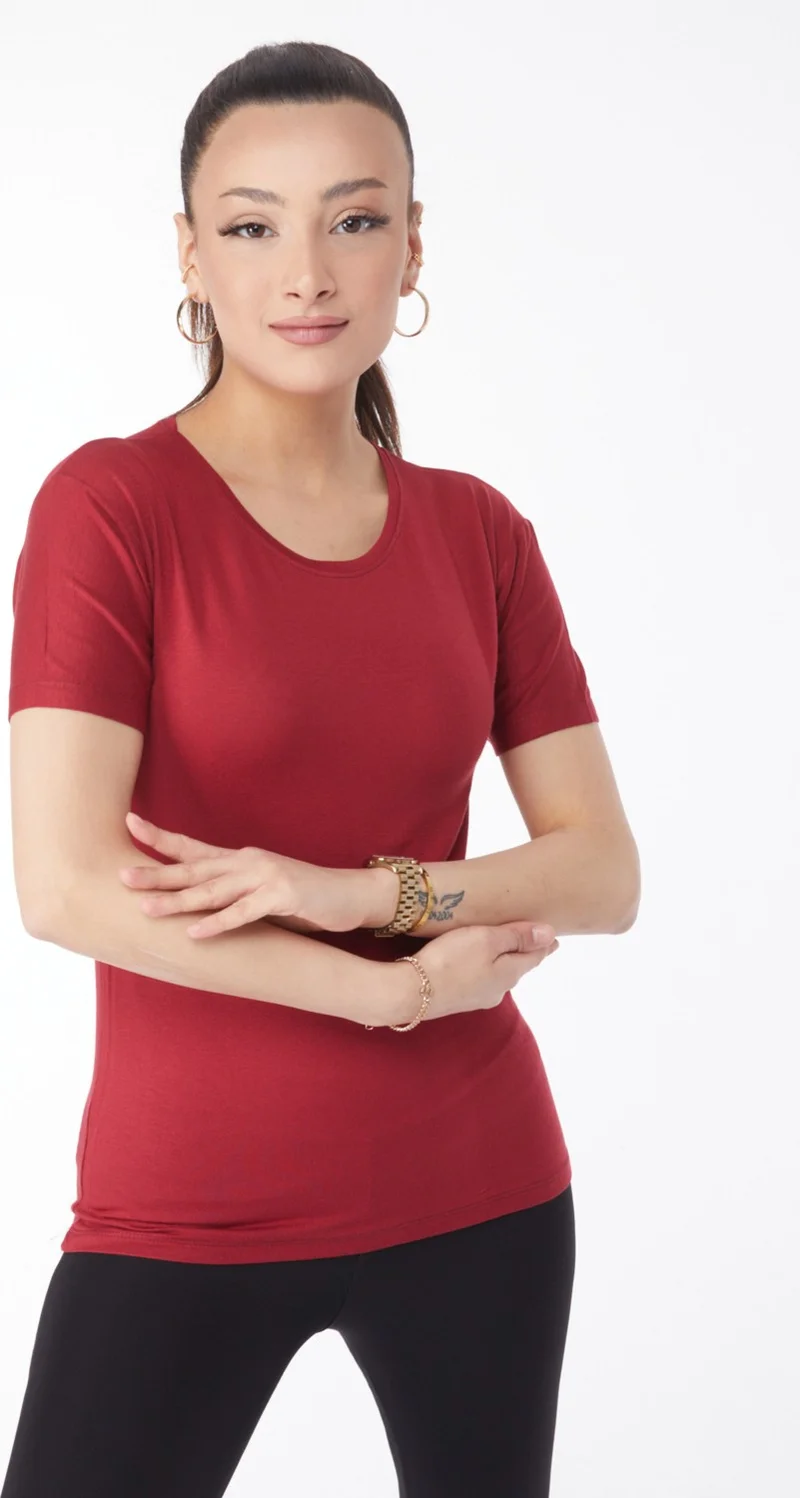 Tofisa Plain Crew Neck Women's Burgundy Short Sleeve Unprinted T-Shirt - 24764
