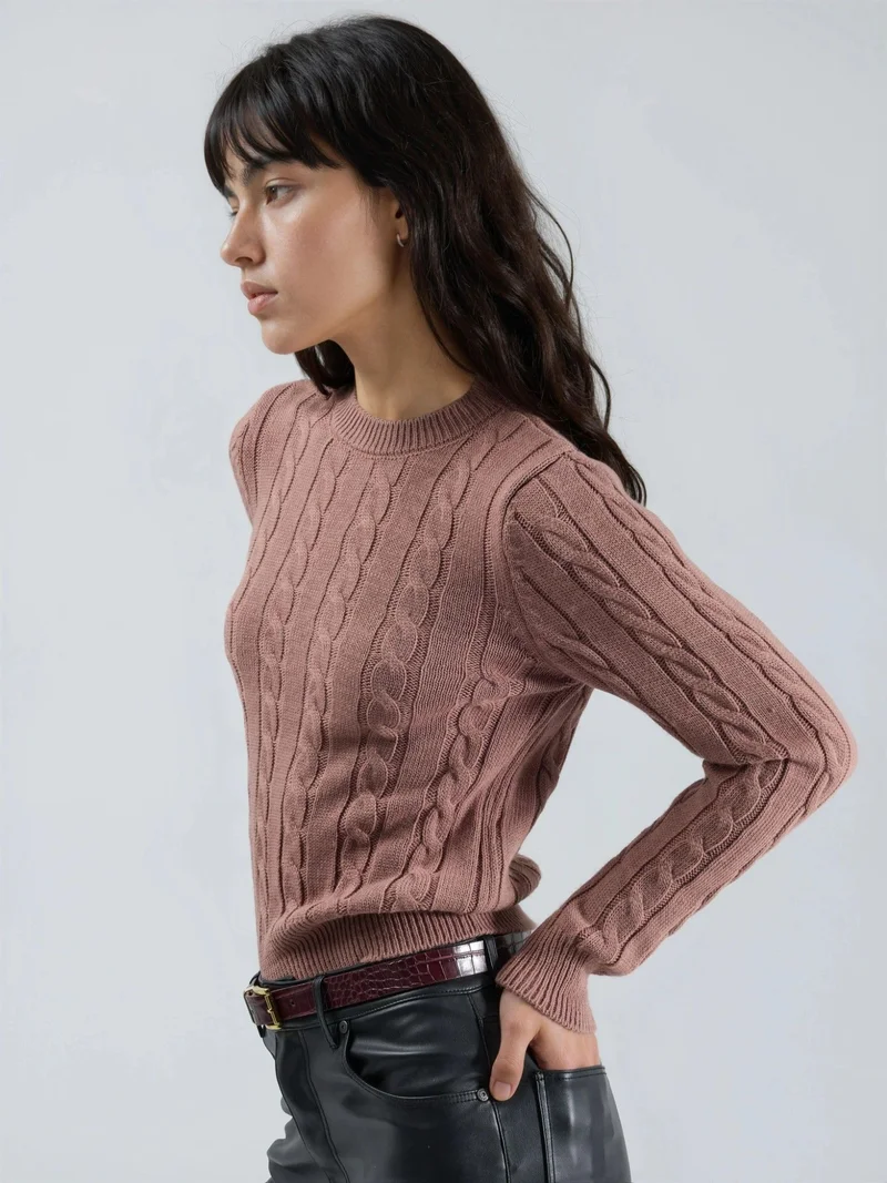 MY FASHION Dusty Rose Pink MY FASHION Fitted Cable Knit Sweater for Women | Best Price UAE