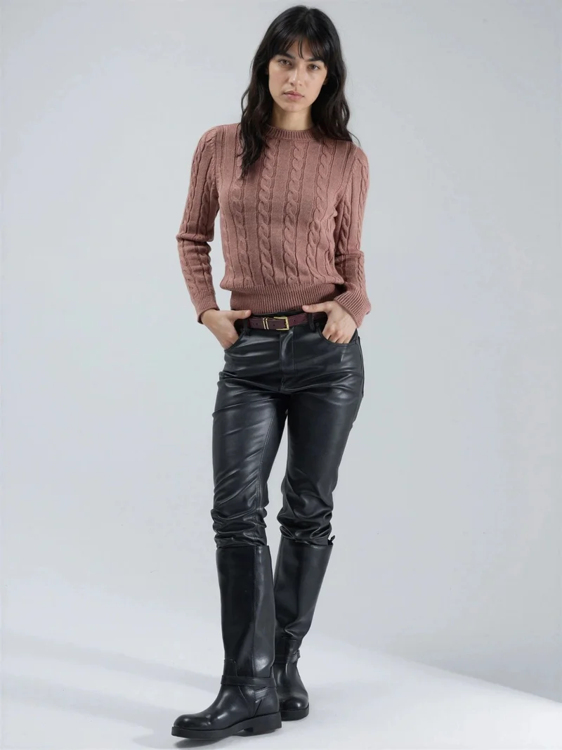 MY FASHION Dusty Rose Pink MY FASHION Fitted Cable Knit Sweater for Women | Best Price UAE