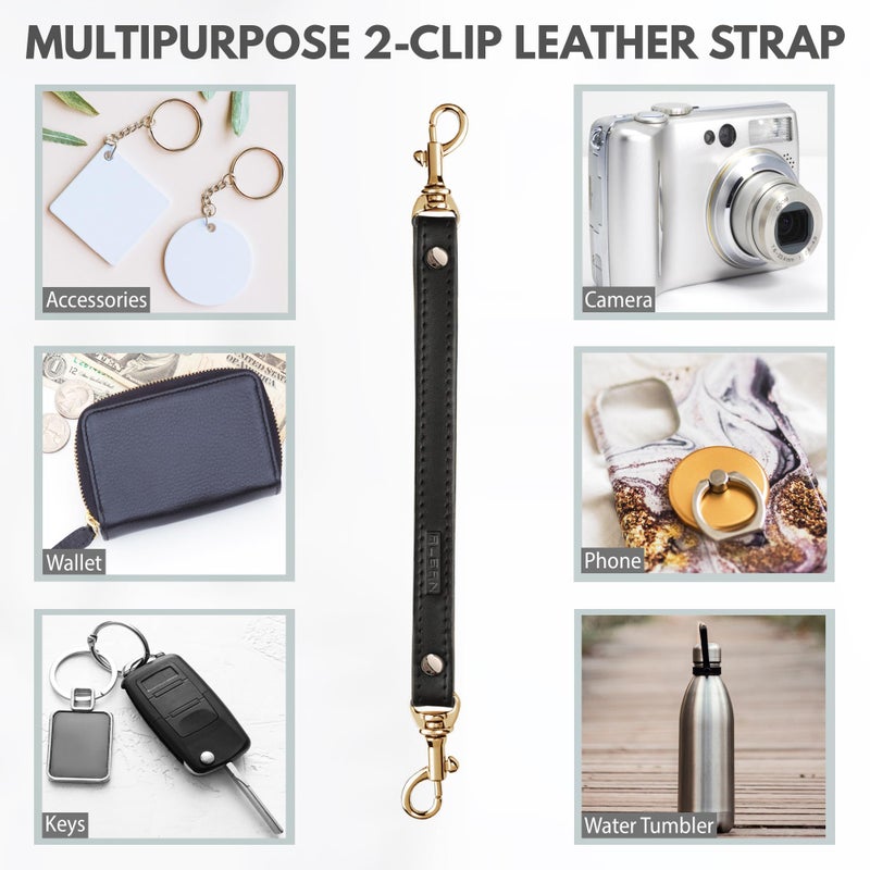 Alban Leather 2-Clip Strap for Wallet, Clutch, Wristlet Purse, Keys, Keychain for Women and Men (Black-Gold, Standard) - Image 2