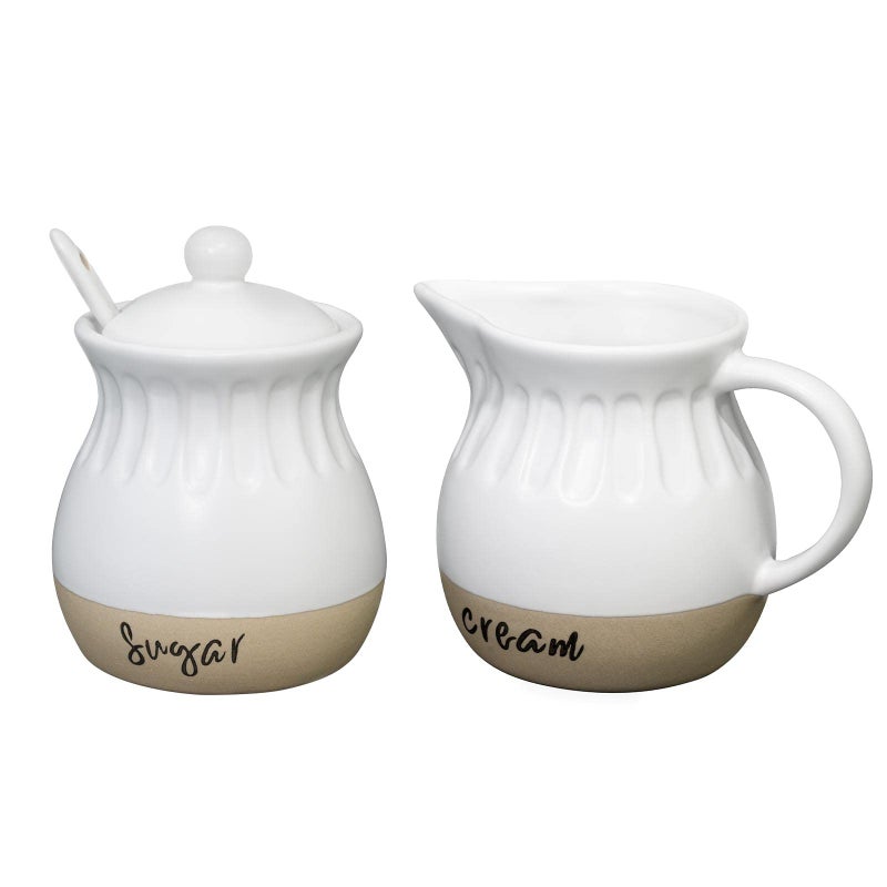 Karisky Sugar and Creamer Set Ceramic Cream Pitcher Sugar Bowl with Lid and Spoon Modern Farmhouse Coffee Serving Container Set White and Natural