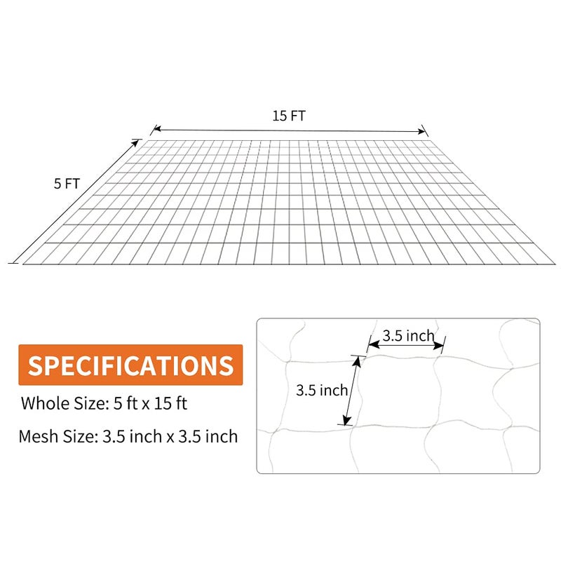 Tcamp Heavy-Duty Polyester Garden Trellis Netting Plant Climbing Net for Growing Vines Plants Vegetables Fruits Flowers, White Grow Tent (5Ft x15Ft, 3.5" Opening Mesh, 1 Pack) - Image 3