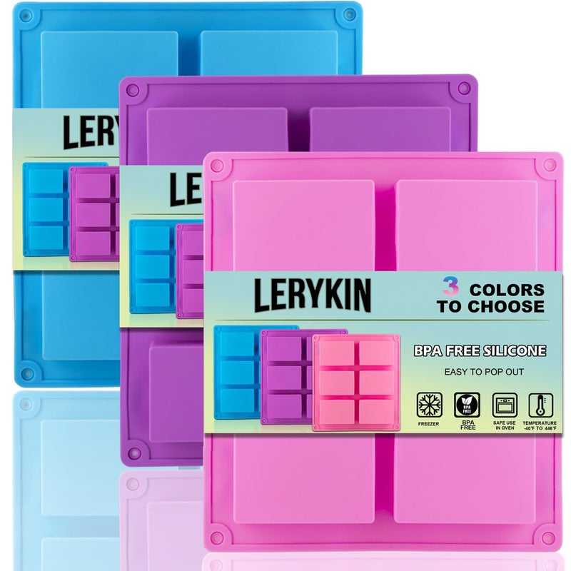 LERYKIN 3 Pack Silicone Soap Molds, 6 Cavities Rectangle Silicone Mold, Great for Homemade Craft Soap Mold, Chocolate, Cake Molds ï¼† Ice Cube Tray - Just Pop Outï¼ˆPink & Blue & Purpleï¼‰ - Image 1