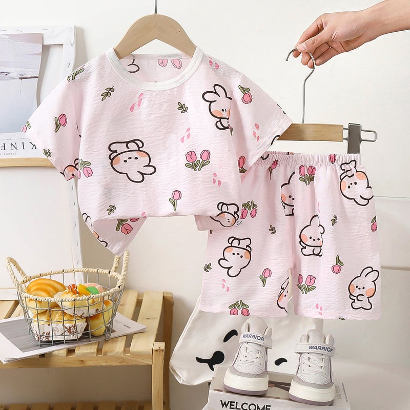 Summer new boys short sleeve shorts loose foreign style two-piece girls short sleeve suit manufacturers wholesale home clothes Yt-03 pink rabbit short sleeve shorts