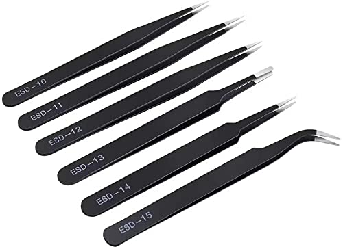 SCHOFIC 6 PCS Precision Tweezers Set Upgraded AntiStatic Stainless Steel Curved of Tweezers for Electronics Laboratory Work JewelryMaking Craft Soldering etc - Image 1