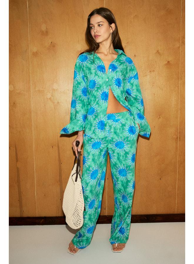 GRIMELANGE OBIDOS Women's Linen Blend Printed Detailed Regular Blue Pants. - Image 1