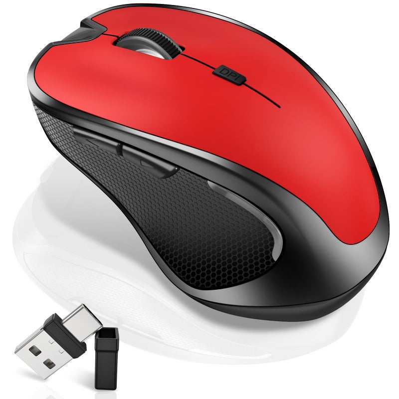 Normdecos Mouse for MacBook Wireless Bluetooth Mouse Laptop MacBook Air Mac Pro Rechargeable Silent PC iPad Optical Mouse with Jiggler Dual Mode Switch Bluetooth 5.2/3.0 and 2.4GHz USB Type-C Receiver Red - Image 1