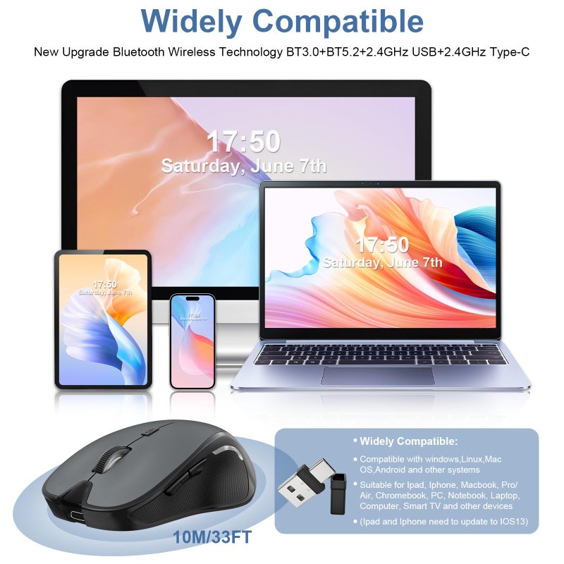 Normdecos Mouse for MacBook Wireless Bluetooth Mouse Laptop MacBook Air Mac Pro Rechargeable Silent PC iPad Optical Mouse with Jiggler Dual Mode Switch Bluetooth 5.2/3.0 and 2.4GHz USB Type-C Receiver Red - Image 2