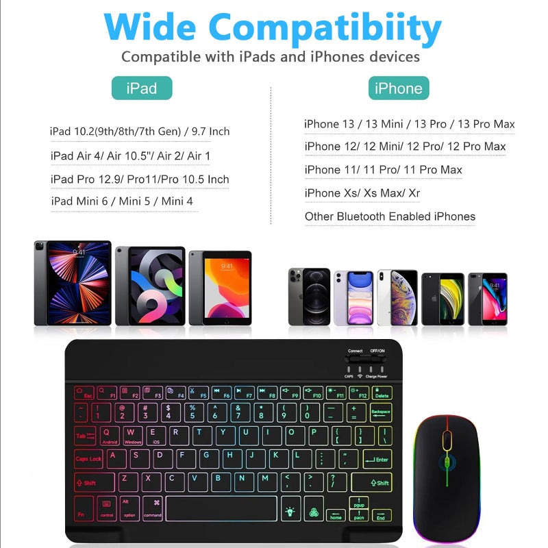 LOOBOAKY Bluetooth Keyboard and Mouse Combo for iPad Keyboard with 7-Color Backlit, Rechargeable Wireless Keyboard fit iPad 10th/9th/8th Gen, iPhone,Tablet, Smartphone iOS Android Windows - Image 2