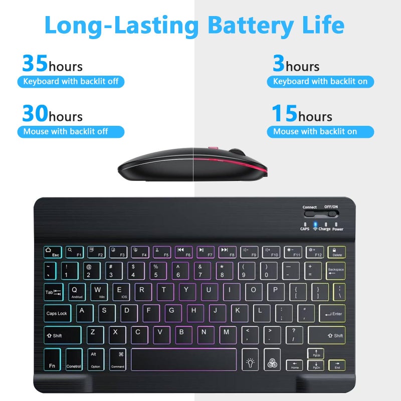 LOOBOAKY Bluetooth Keyboard and Mouse Combo for iPad Keyboard with 7-Color Backlit, Rechargeable Wireless Keyboard fit iPad 10th/9th/8th Gen, iPhone,Tablet, Smartphone iOS Android Windows - Image 3