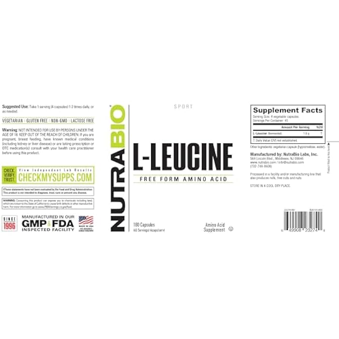 NutraBio L-Leucine Supplement - Optimal Amino Acid for Muscle Growth & Recovery - Naturally Fermented Free Form Leucine Amino Acids Supplement- Vegan, Non-GMO, Gluten Free - 400mg, 180 Capsules - Image 3