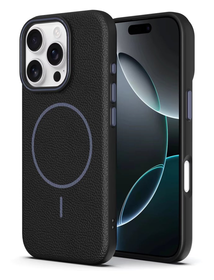جراب هاتف أيفون ماج سيف لهاتف iPhone 16 Pro Max  جراب جلد بإطار مطاطي عالي الجودة وجراب جلدي رفيع بنمط الليتشي مع حماية عدسة الكاميرا وغطاء مقاوم للصدمات ويدعم الشحن اللاسلكي وغطاء جلدي لهاتف iPhone 16 Pro Max - أسود - Image 1