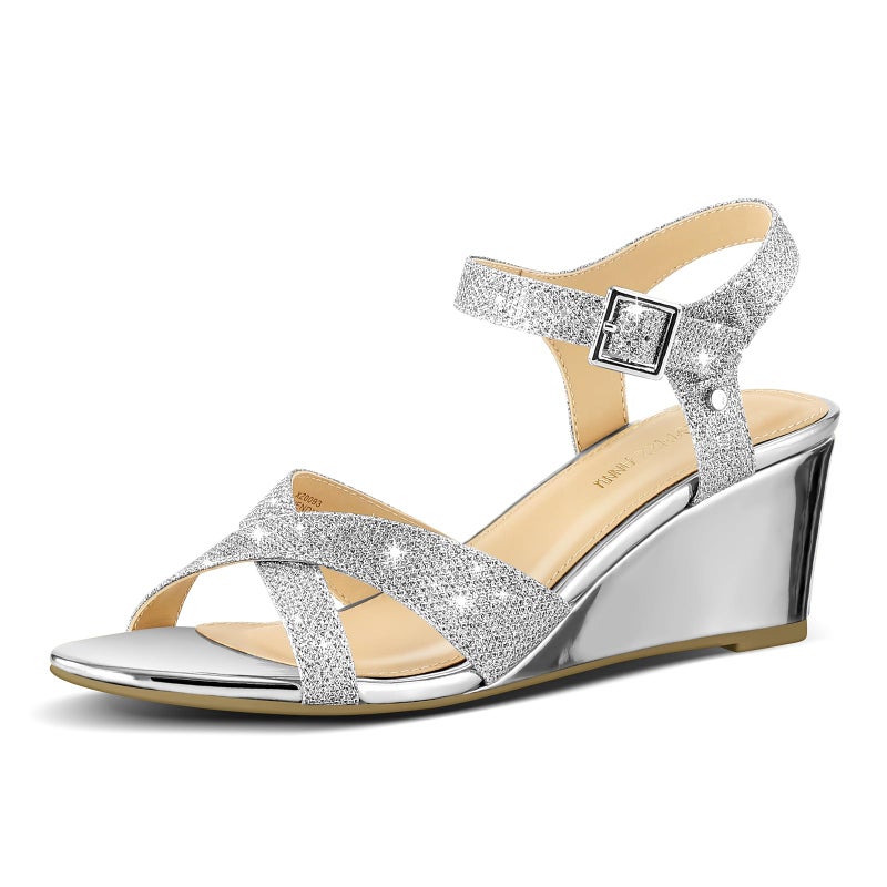 PIZZ ANNU Women's Wendy Low Wedge Sandals Ankle Strap Espadrille Open Toe Casual Summer Women Wedge Heels Shoes, Silver Glitter 9.5 - Image 1