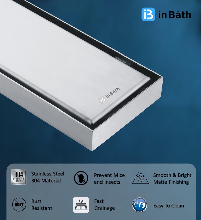 InBāth تصريف بلاط إن بات 24x4 بوصة لمصرف مياه أرضية الحمام / بلاط / رخام بدون طوق | ستانلس ستيل 304 | ثقب مركزي - Image 2
