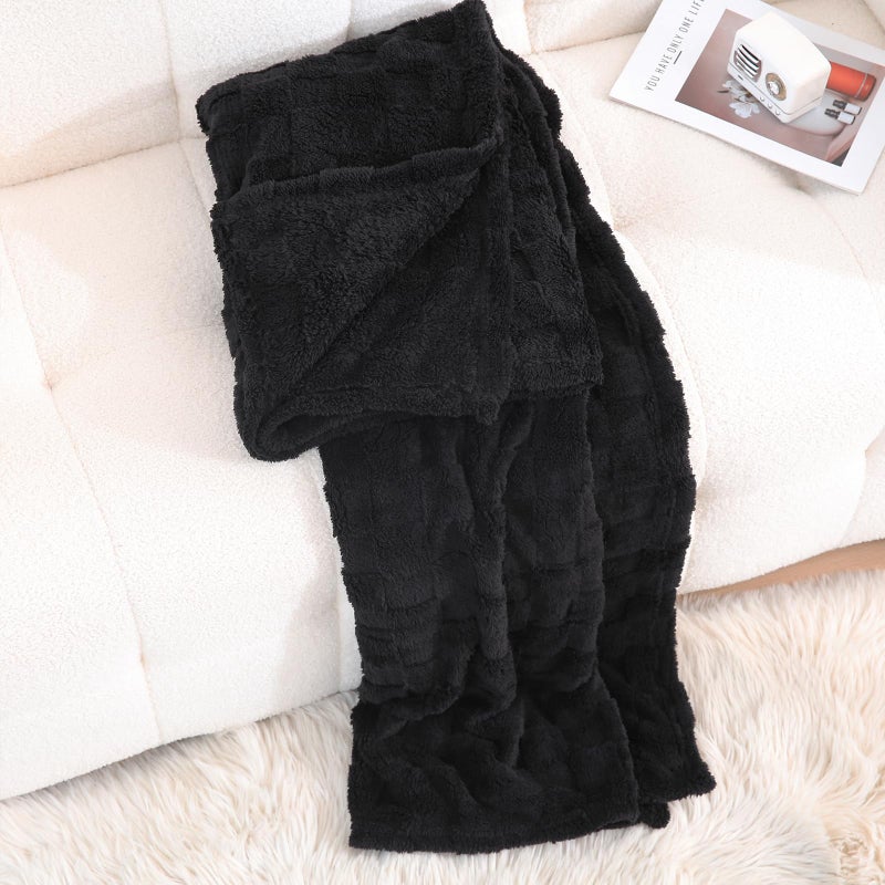Linecooo Black Fleece Throw Blanket 50  60  for Couch Sofa Bed Super Soft Cozy Plush Microfiber Flannel Blanket with 3D Checkered Design Lightweight for Adults Woman Girls - Image 3
