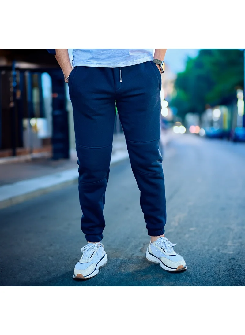 Miron Navy Blue Cross-Piece Three Thread Cotton Inside Elastic Leg Sweatpants