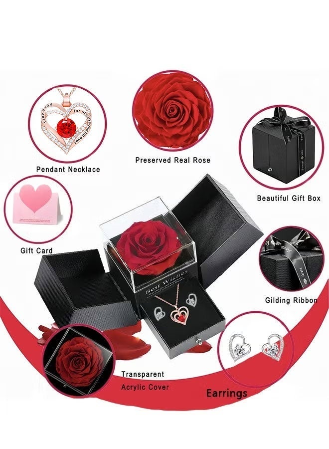 مجموعة هدايا زهور محفوظة: وردة حمراء دائمة مع قلادة وأقراط للأم والابنة والزوجة في ذكرى زواجهما وأعياد ميلادهما. - Image 5