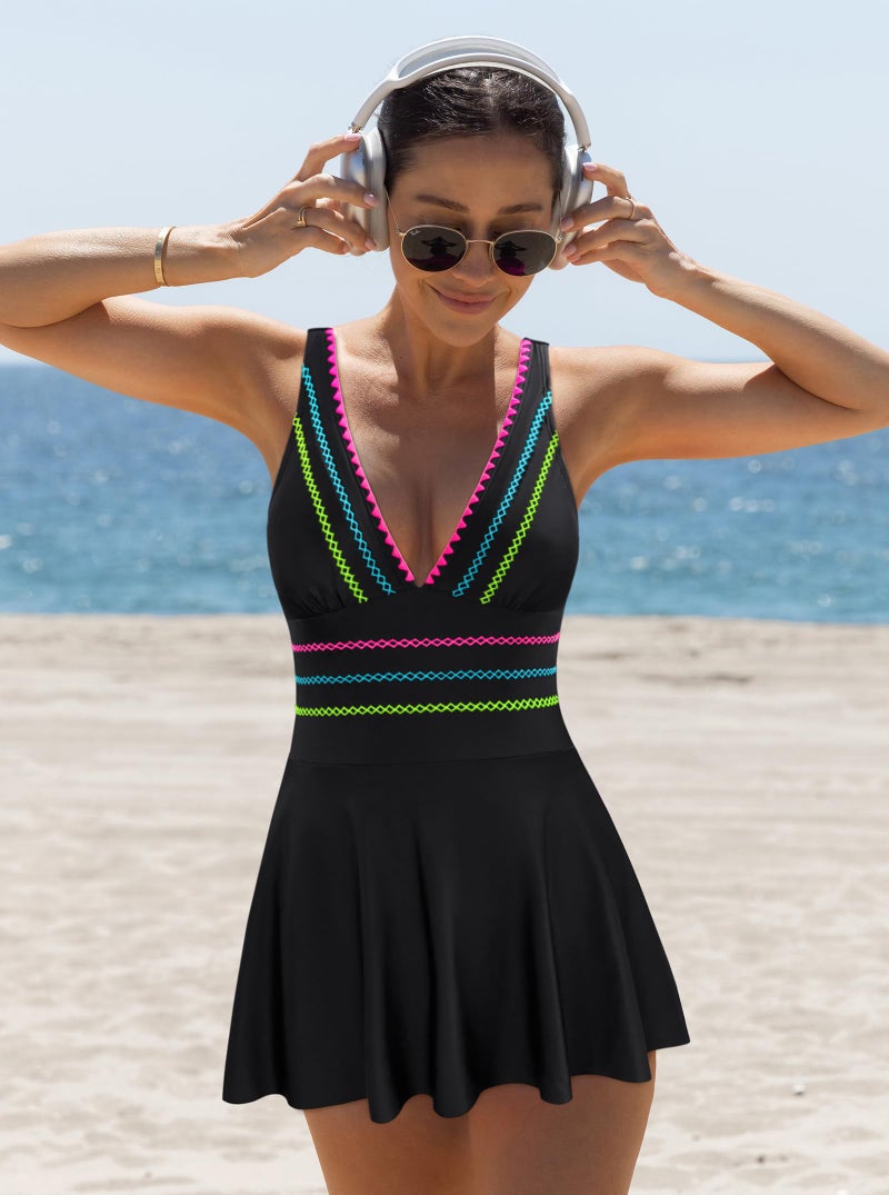 popvil Women's One Piece Swimsuit Swimdress Tummy Control Bathing Suit Adjustable Shell Trim Deep V Neck Swim Dress, Black, Large - Image 5