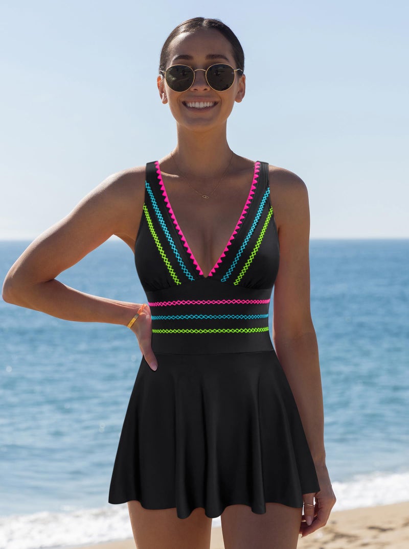 popvil Women's One Piece Swimsuit Swimdress Tummy Control Bathing Suit Adjustable Shell Trim Deep V Neck Swim Dress, Black, Large - Image 4