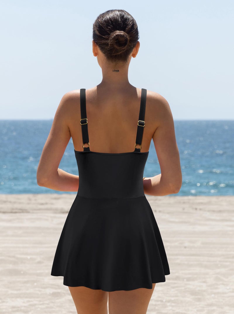 popvil Women's One Piece Swimsuit Swimdress Tummy Control Bathing Suit Adjustable Shell Trim Deep V Neck Swim Dress, Black, Large - Image 3