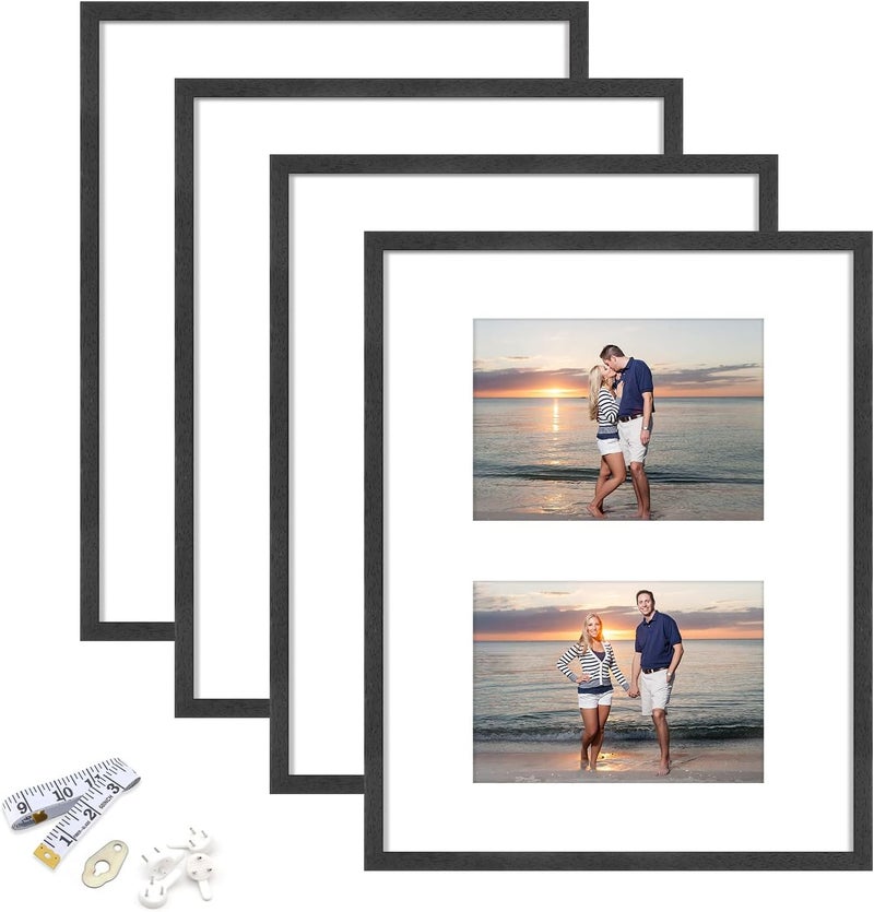 ATOBART مجموعة أطارات صور من ATOBART بأبعاد 11x14، مصنوعة من خشب أسود، تتكون من 4 أطارات، بأبعاد 8x10 مع وسادة أو 5x7 مع وسادتين، أو 11x14 بدون وسادة، مزودة بزجاج شفاف، مناسبة لعرض الصور، الملصقات، كهدايا لأعياد الميلاد أو عيد الميلاد، تتكون من 4 أطارات. - Image 1