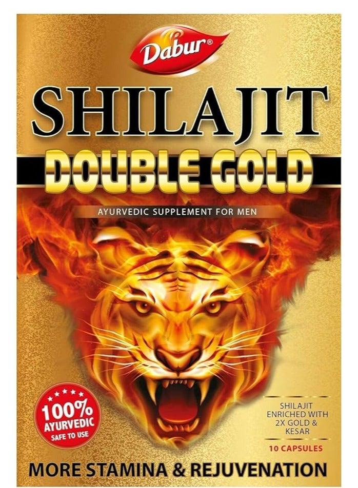 Dabur SHILAJIT DOUBLE GOLD AYURVEDIC SUPPLEMENT FOR MEN 10 CAPSULES MORE STAMINA & REJUVENATION - Image 1