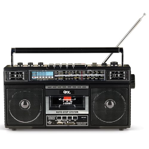 QFX J-220BT Boombox MP3 Conversion from Radio to Cassette with 4-Band (AM, FM, SW1, SW2) Radio with Bluetooth, Rechargeable Battery, Dual 3” Speakers, Built-in Microphone, Recorder, 3-Band Equalizer - Image 1