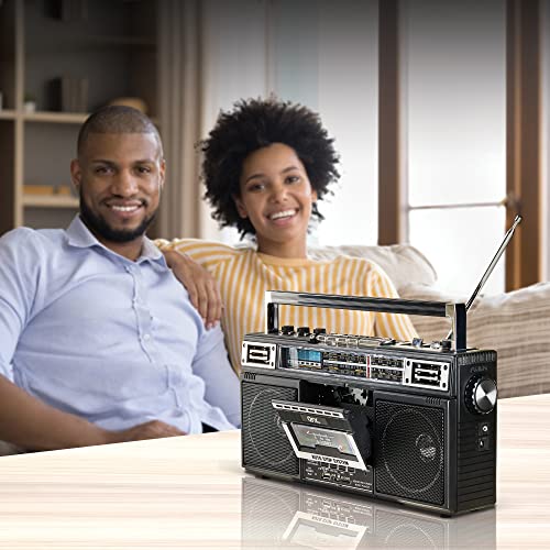 QFX J-220BT Boombox MP3 Conversion from Radio to Cassette with 4-Band (AM, FM, SW1, SW2) Radio with Bluetooth, Rechargeable Battery, Dual 3” Speakers, Built-in Microphone, Recorder, 3-Band Equalizer - Image 5