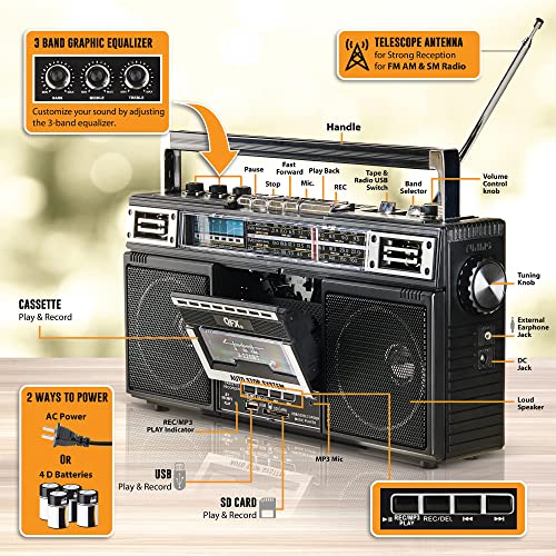 QFX J-220BT Boombox MP3 Conversion from Radio to Cassette with 4-Band (AM, FM, SW1, SW2) Radio with Bluetooth, Rechargeable Battery, Dual 3” Speakers, Built-in Microphone, Recorder, 3-Band Equalizer - Image 3