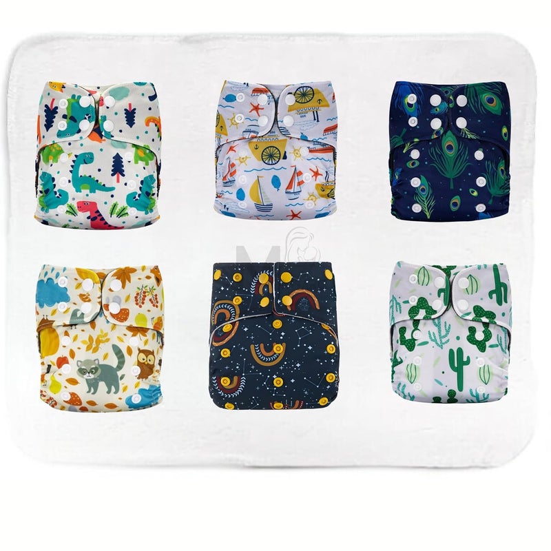 MOMSARC Side Leakage-Proof Cloth Diapers for Babies (0-3 Years) | Combo Pack with 6 Reusable Diaper Covers & High-Absorbent Bamboo Cotton + 6 Insert Pads | Adjustable Free Size | (Pack of 6) - Image 1