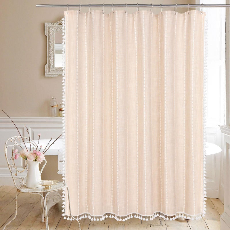 MitoVilla Boho Extra Long Shower Curtain 72 x 84  Beige 84 inch XL Cotton Linen Fabric Shower Curtain Set with Tassel for Vintage Country Farmhouse Bathroom Decor  Thick & Wrinkle Resistant  Cream - Image 2