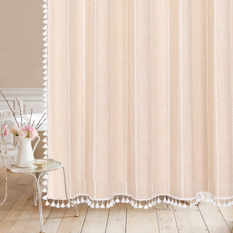 MitoVilla Boho Extra Long Shower Curtain 72 x 84  Beige 84 inch XL Cotton Linen Fabric Shower Curtain Set with Tassel for Vintage Country Farmhouse Bathroom Decor  Thick & Wrinkle Resistant  Cream - Image 5