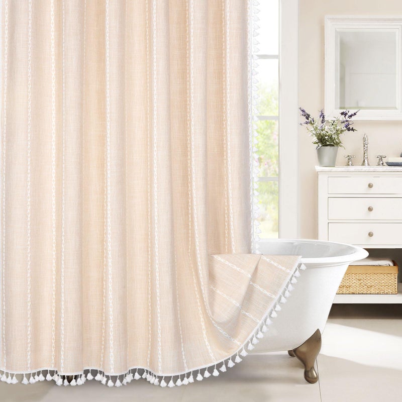 MitoVilla Boho Extra Long Shower Curtain 72 x 84  Beige 84 inch XL Cotton Linen Fabric Shower Curtain Set with Tassel for Vintage Country Farmhouse Bathroom Decor  Thick & Wrinkle Resistant  Cream - Image 1