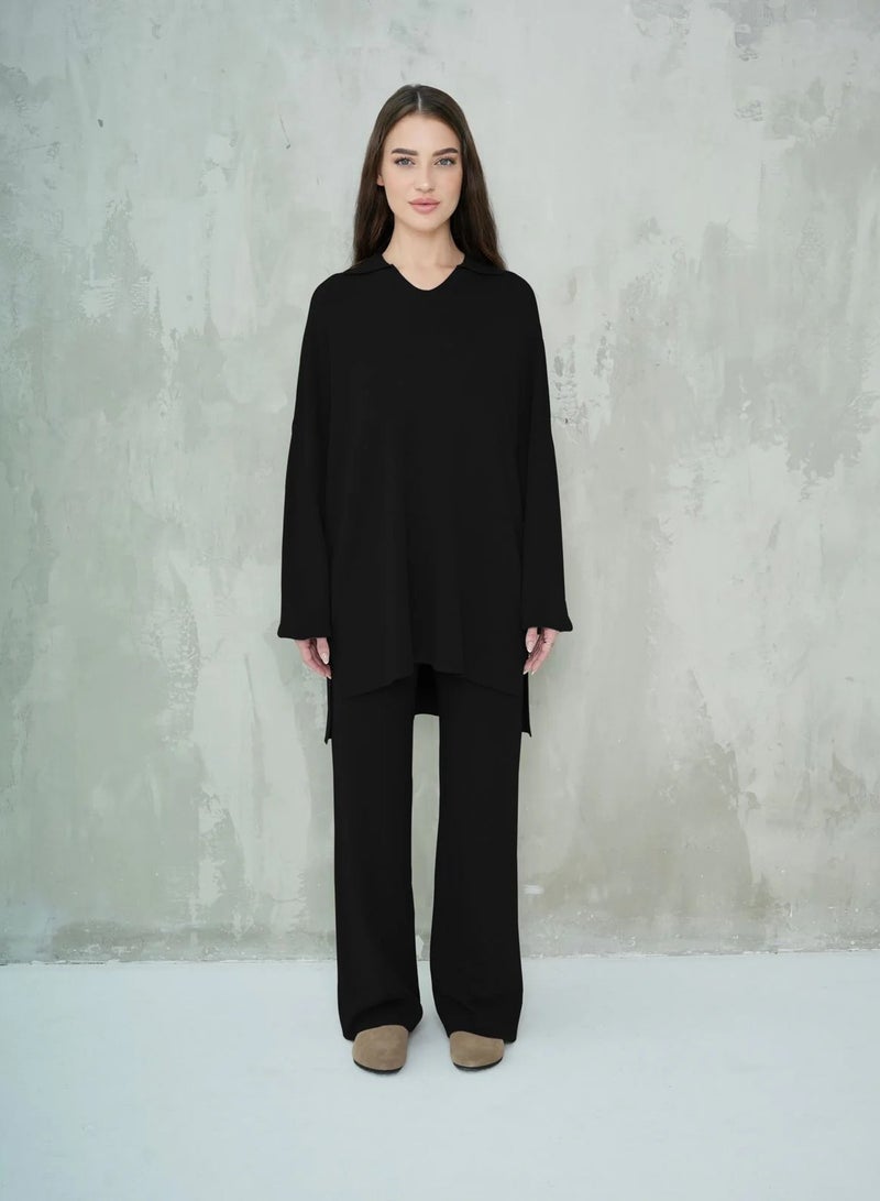 Andy 2322 | Women's Two-Piece Lounge Set – Soft Cotton, Oversized Top with Collar and Relaxed Fit Pants | Black