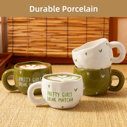 YumiPLUS 4pcs Ceramic Coffee Cups, 9.4OZ Cute Matcha Cup Set, Green & White, Dishwasher Safe Green Tea Mugs, Pretty Girls Collection - Image 3