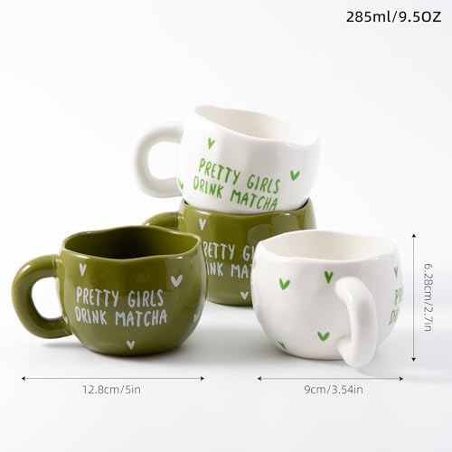 YumiPLUS 4pcs Ceramic Coffee Cups, 9.4OZ Cute Matcha Cup Set, Green & White, Dishwasher Safe Green Tea Mugs, Pretty Girls Collection - Image 4
