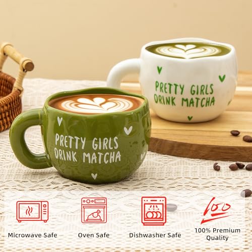 YumiPLUS 4pcs Ceramic Coffee Cups, 9.4OZ Cute Matcha Cup Set, Green & White, Dishwasher Safe Green Tea Mugs, Pretty Girls Collection - Image 2