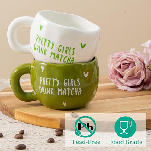 YumiPLUS 4pcs Ceramic Coffee Cups, 9.4OZ Cute Matcha Cup Set, Green & White, Dishwasher Safe Green Tea Mugs, Pretty Girls Collection - Image 5