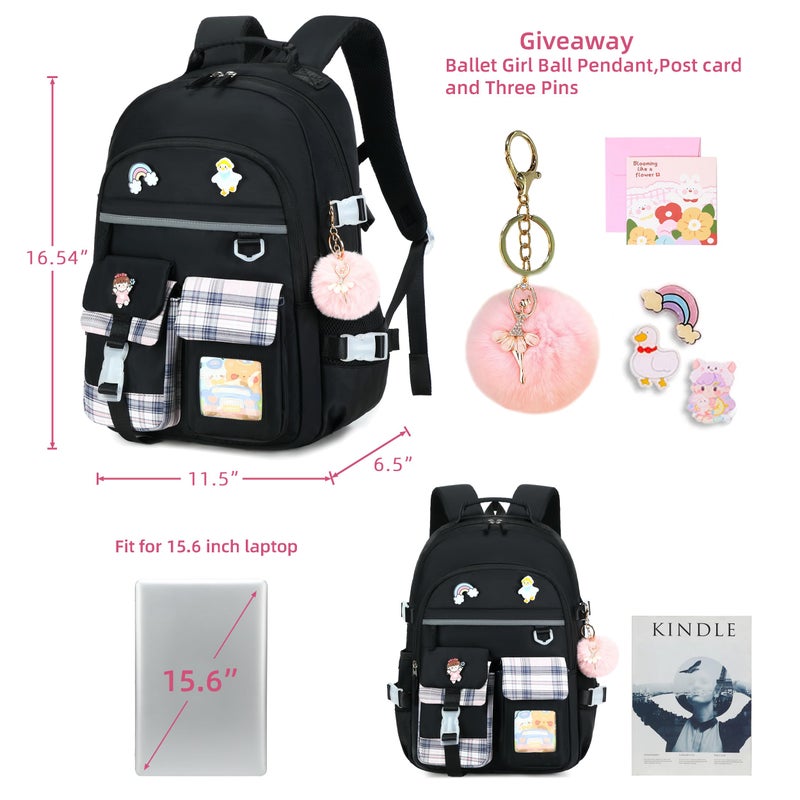 KIDNUO Backpack for Girls, 15.6 Inch Laptop School Bag Kids Kindergarten Elementary College Backpacks Large Bookbags for Teen Girl Women Students Casual Travel Daypacks (Black) - Image 3
