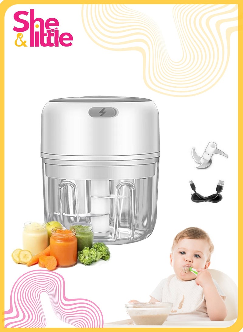 شي آند ليتل مفرمة طعام كهربائية صغيرة سعة 250 مل، صانعة طعام للأطفال أو خلاط ومفرمة خضروات بالثوم والزنجبيل والبصل، معالج محمول بمنفذ USB (أبيض) - Image 1