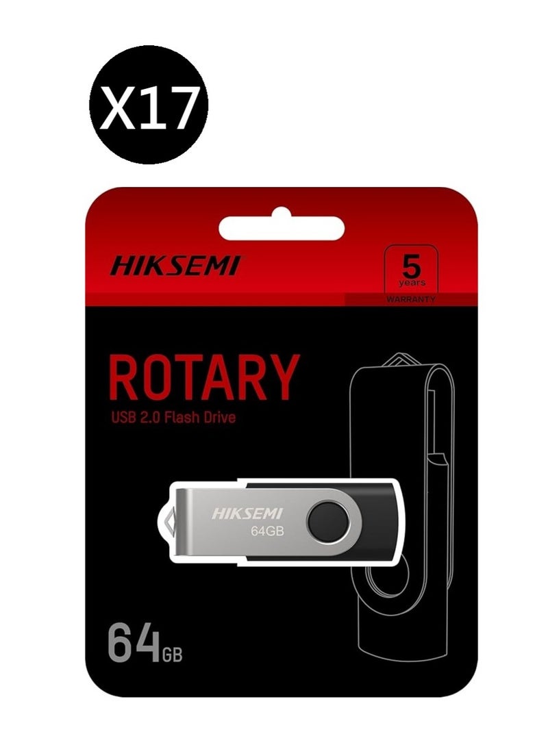 HIKSEMI Bundle Of 17 64GB USB 2.0 Spinning Pen Drive, Silver/Black | HS-USB-M200S 64G |