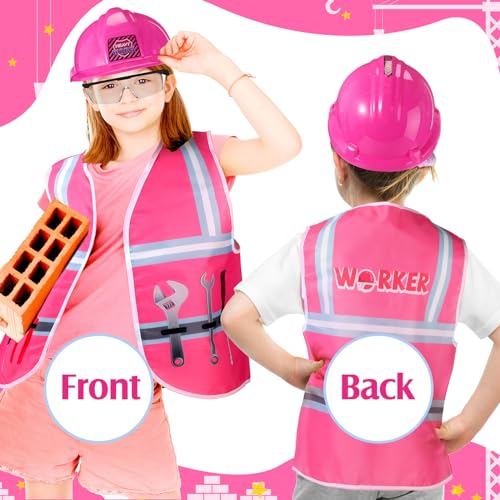 Handepo Construction Worker Costume Kids Hard Hat Construction Vest Goggles Toddler Dress Up Set Birthday Party Girls Boys(Pink, Black) - Image 5
