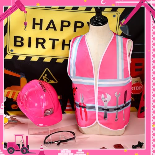 Handepo Construction Worker Costume Kids Hard Hat Construction Vest Goggles Toddler Dress Up Set Birthday Party Girls Boys(Pink, Black) - Image 4