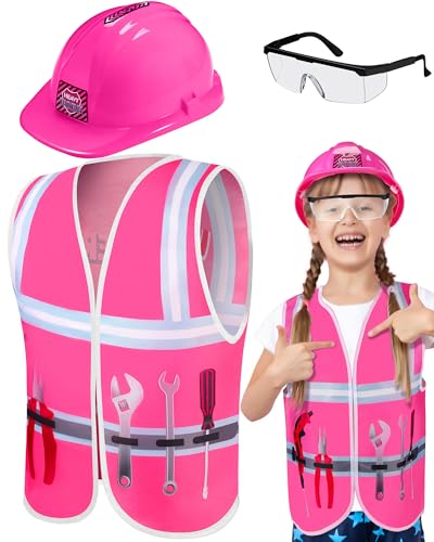 Handepo Construction Worker Costume Kids Hard Hat Construction Vest Goggles Toddler Dress Up Set Birthday Party Girls Boys(Pink, Black) - Image 1