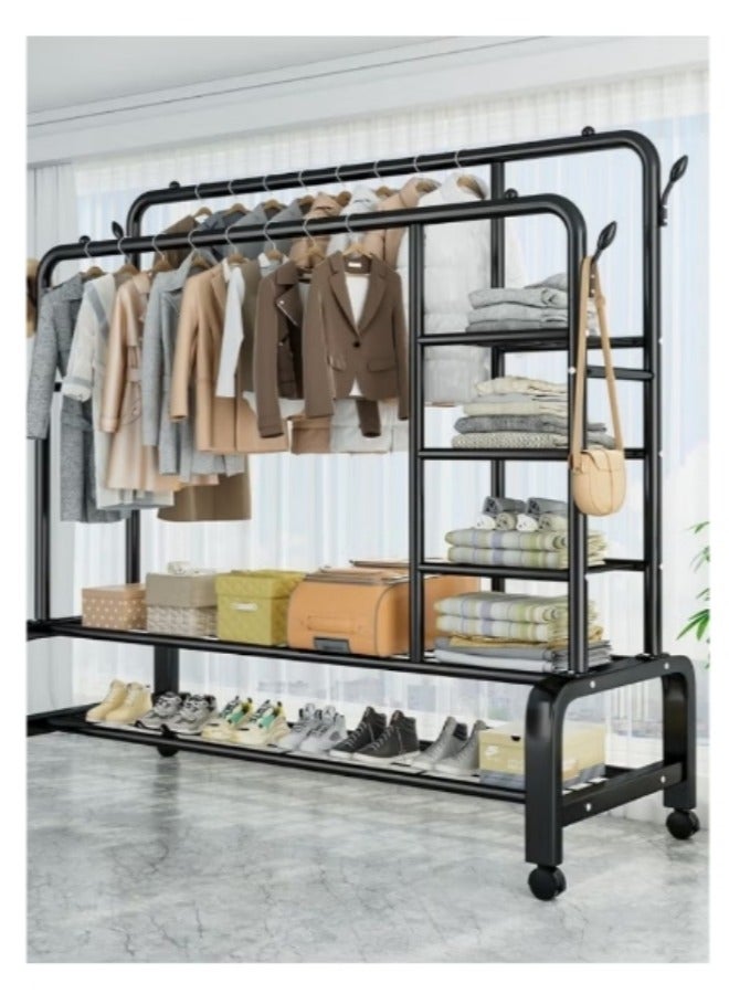 دوركو Metal Hanger Organizer And Black Hanger On Wheels 130x54x150 cm With Side Shelves - Image 3