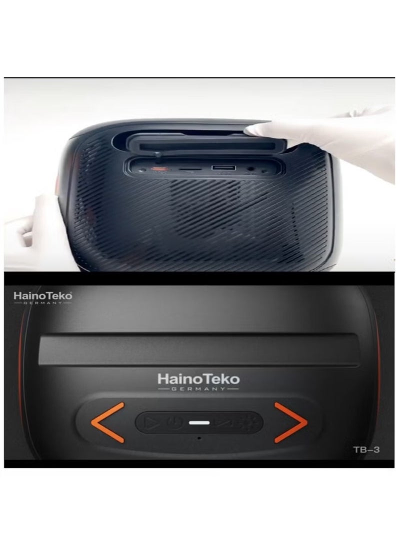 HainoTeko مكبر صوت بلوتوث محمول لاسلكي متوسط TB-3 مع إضاءة RGB – قدرة إخراج 50 واط، تحكم زر متعدد الوظائف، تصميم مدمج، أسود - Image 4