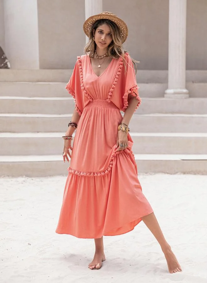 Tassel Detail V Neck A-Line Midi Dress