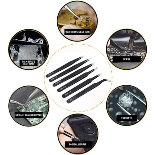 Zaptec ESD Anti-Static Stainless Steel Tweezers Set for Electronics, Craft, Precision Repairing, DIY, Jewellery Making (6 Pcs) - Image 2
