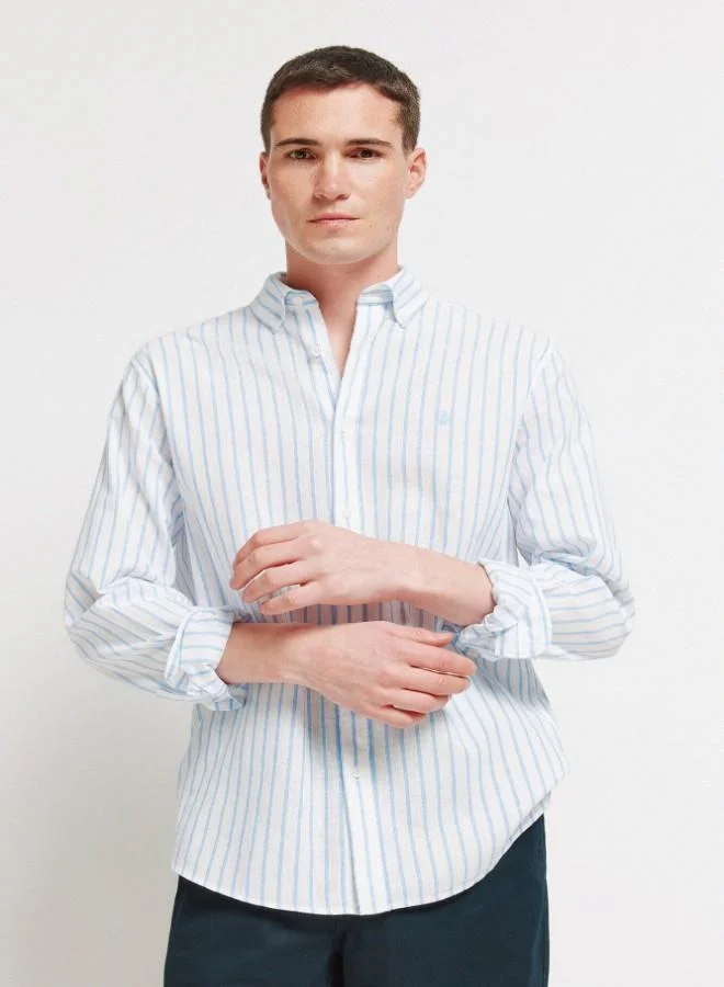 Springfield Striped linen cotton regular fit long sleeve button-down collar shirt