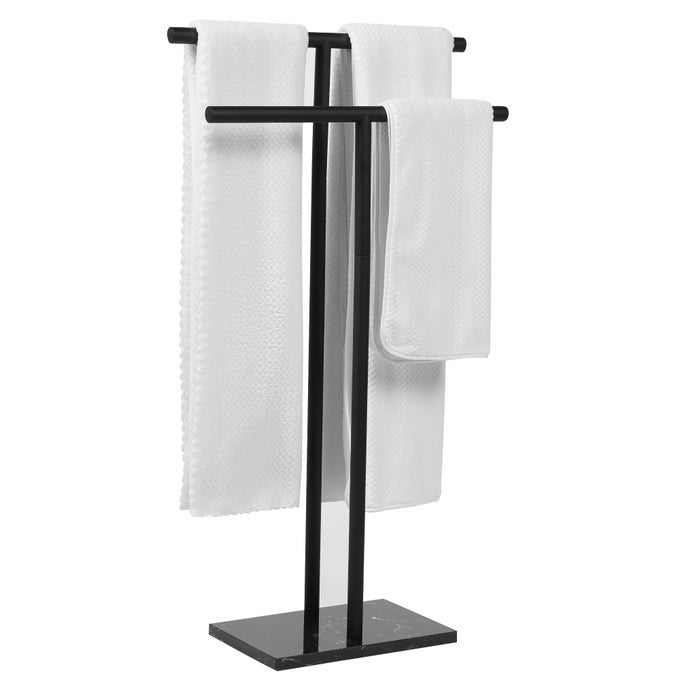 FREE STANDING TOWEL RACK FOR BATHROOM MATTE BLACK FINISH STAND ALONE 2 TIER STAINLESS STEEL TOWEL RACK FOR BATHROOM FLOOR WITH HEAVY MARBLE BASE DOUBLE T SHAPE DRYING STAND FOR TOWELS
